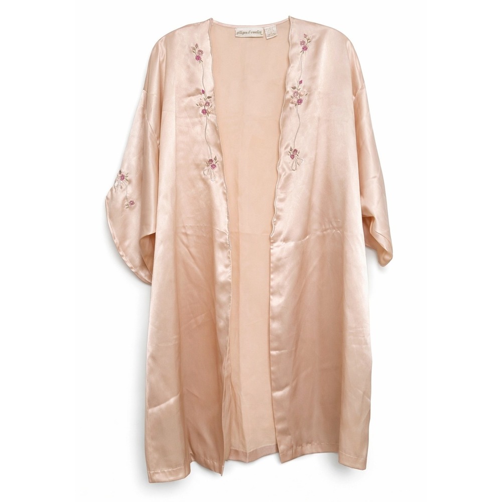 Gilligan O'Malley Sz S Pink Peach Satin Embroidered Kimono Robe Vintage Coquette